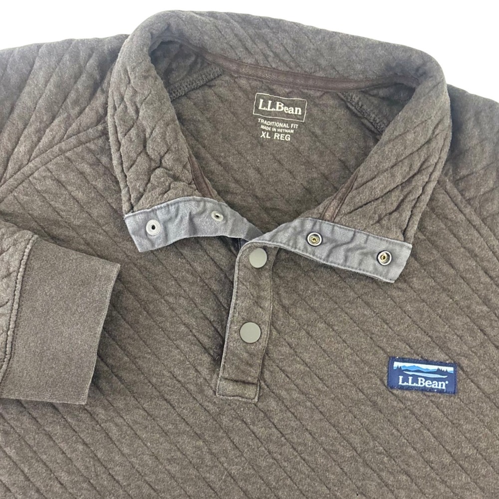 LL Bean Mens XL Quilted Sweatshirt Snap Neck Pullover‎ Brown Traditional Fit
